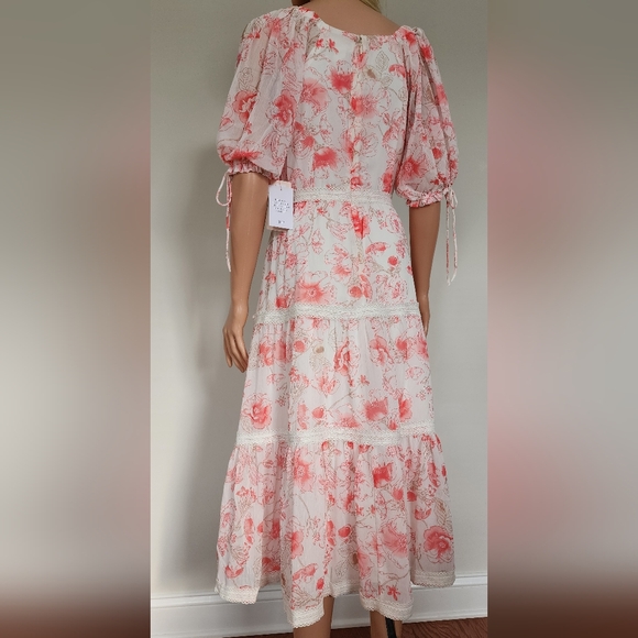 NWT RACHEL PARCELL PINK ROSE FLORAL TIERED BALLON SLEEVES MIDI DRESS 6 MEDIUM - Picture 10 of 14